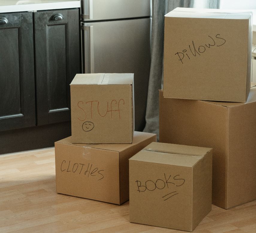 moving boxes with labels.