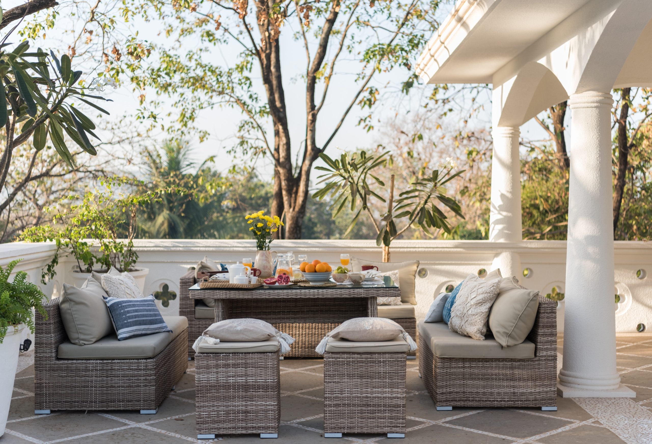 outdoor table and seating at a home.